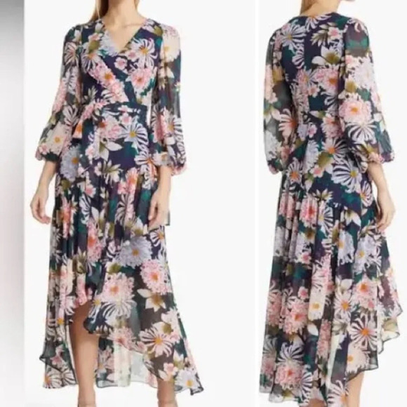 Eliza J Floral Long Sleeve High-Low Faux Wrap Dress in Navy Multi - NEW - Size 6 - Picture 1 of 9